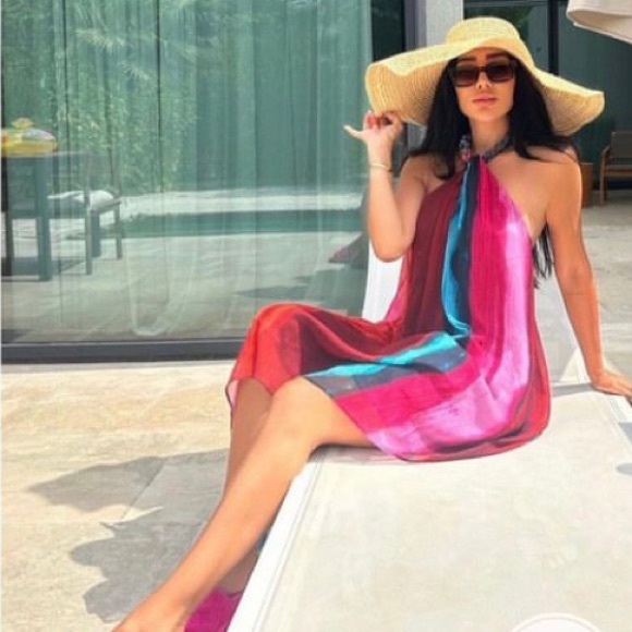 Zara BEADED HALTER multicolored print open back asymmetric hem DRESS sz.XS - Picture 13 of 17